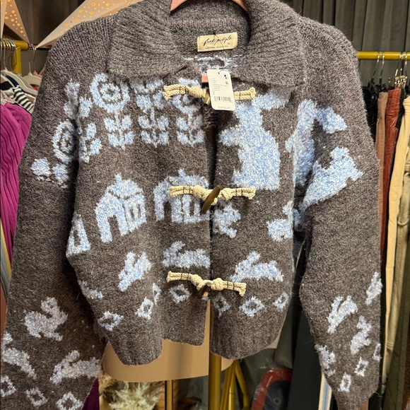 Free People Home Sweet Home Cardi- Charcoal Peri Bunny Print - Picture 8 of 9